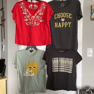 4 For $15 Short sleeve tops and Tshirts. Red embroidered V-neck, 2 small & 1 L